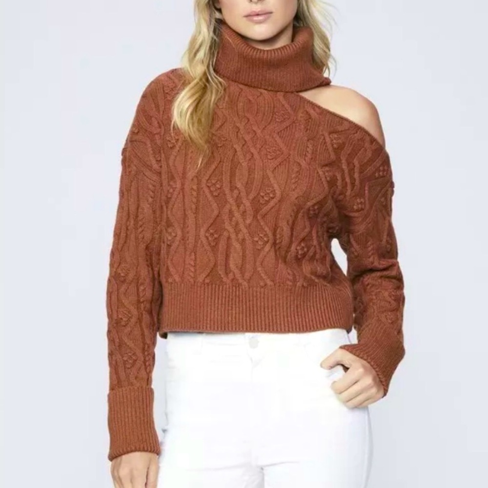 Paige x Anthropologie Raundi Cable Knit M Brown Red Cropped OffShoulder Pullover